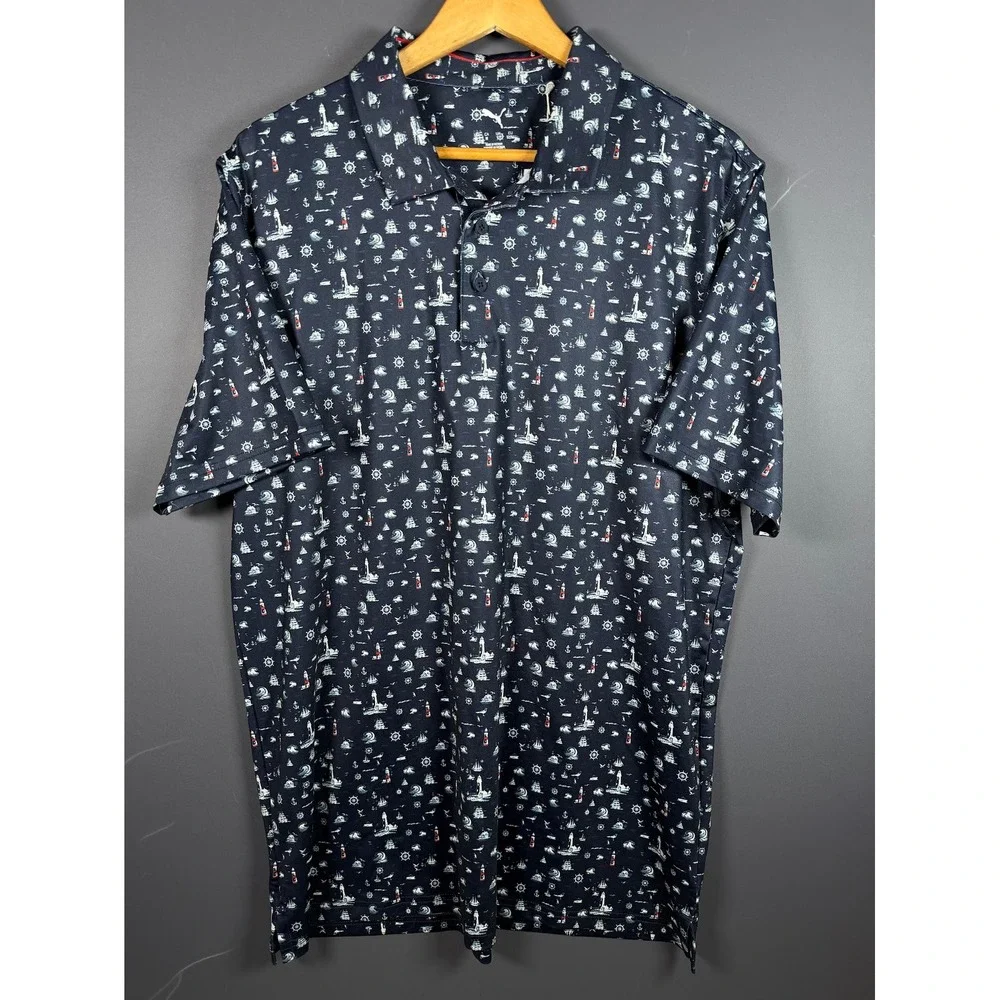 NWT Puma Golf Mens Medium MATTR Lighthouse Polo Navy Blue Nautical Print Shirt